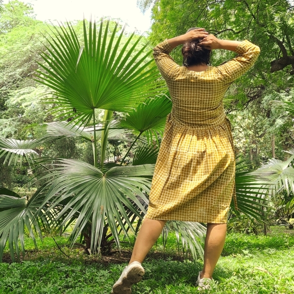 Size- S, Hand block printed yellow dress. - Picture 3 of 4